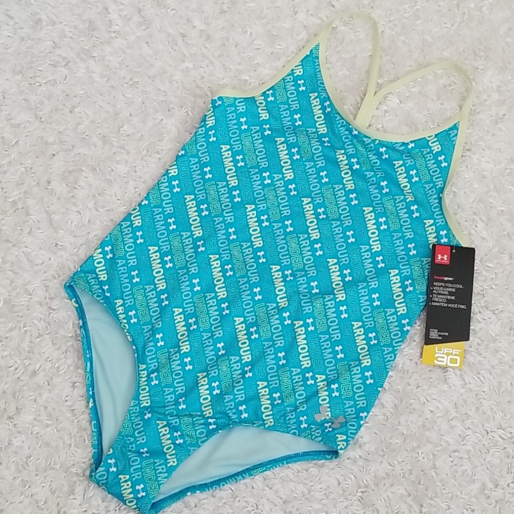 Girl's Under Armour One Piece Bathing Suit Sun Protection Blue Sz 14